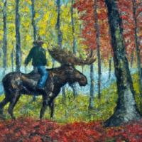an impressionist oil painting of a Canadian man riding a moose through a forest of maple trees